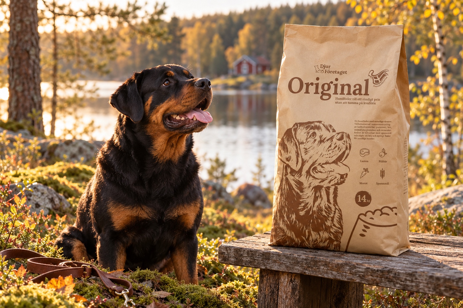 Djur Företagets säck Original på en bänk vid en svensk sjö med en rottweiler (mockup)
