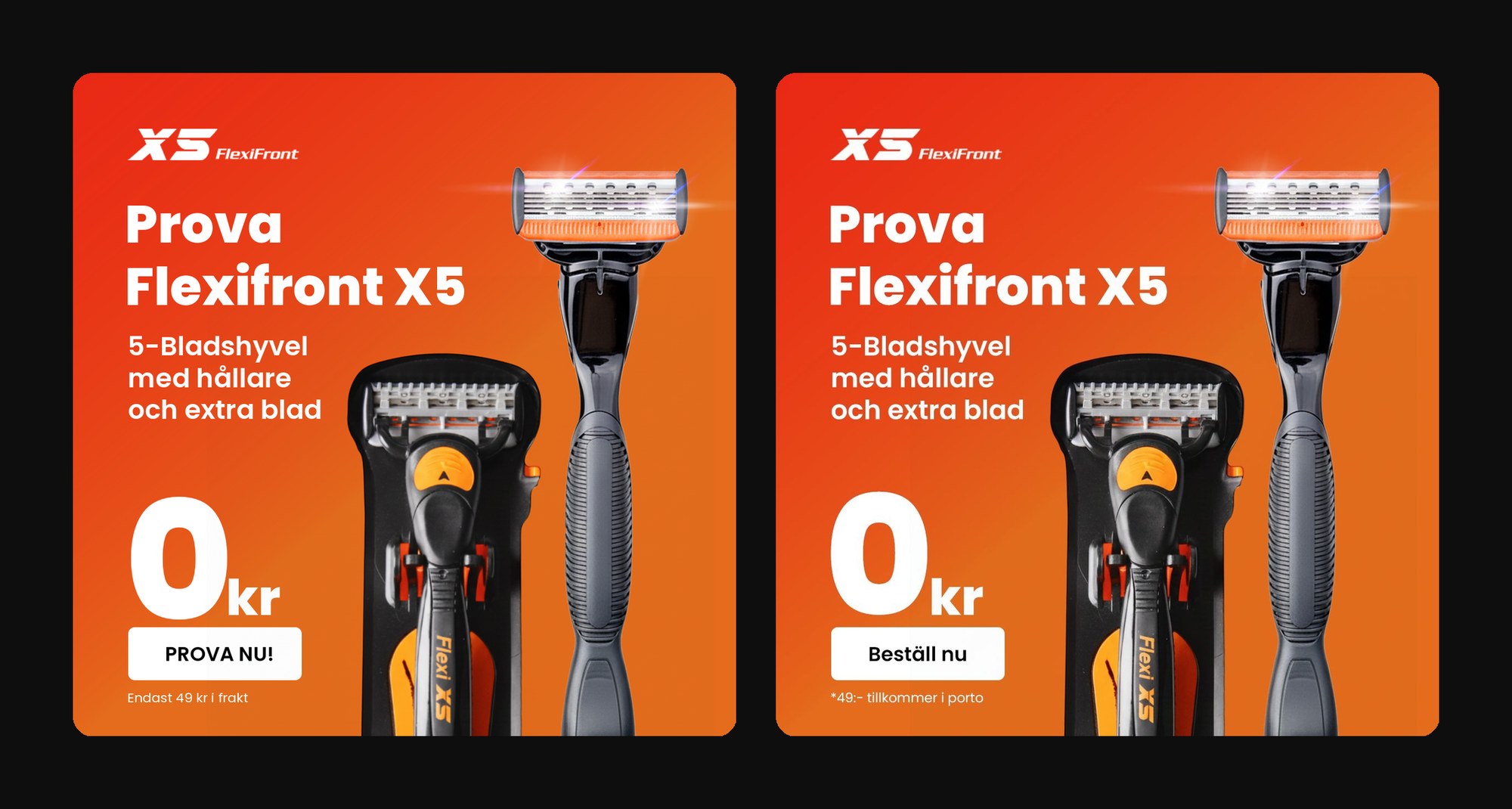 Två versioner av stillbildsannonsen för Flexifront X5 med ett stort 0 kr