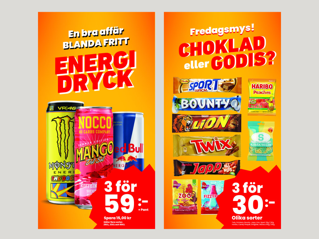 Banners från Fyrislunds för energidrycker samt choklad och godis