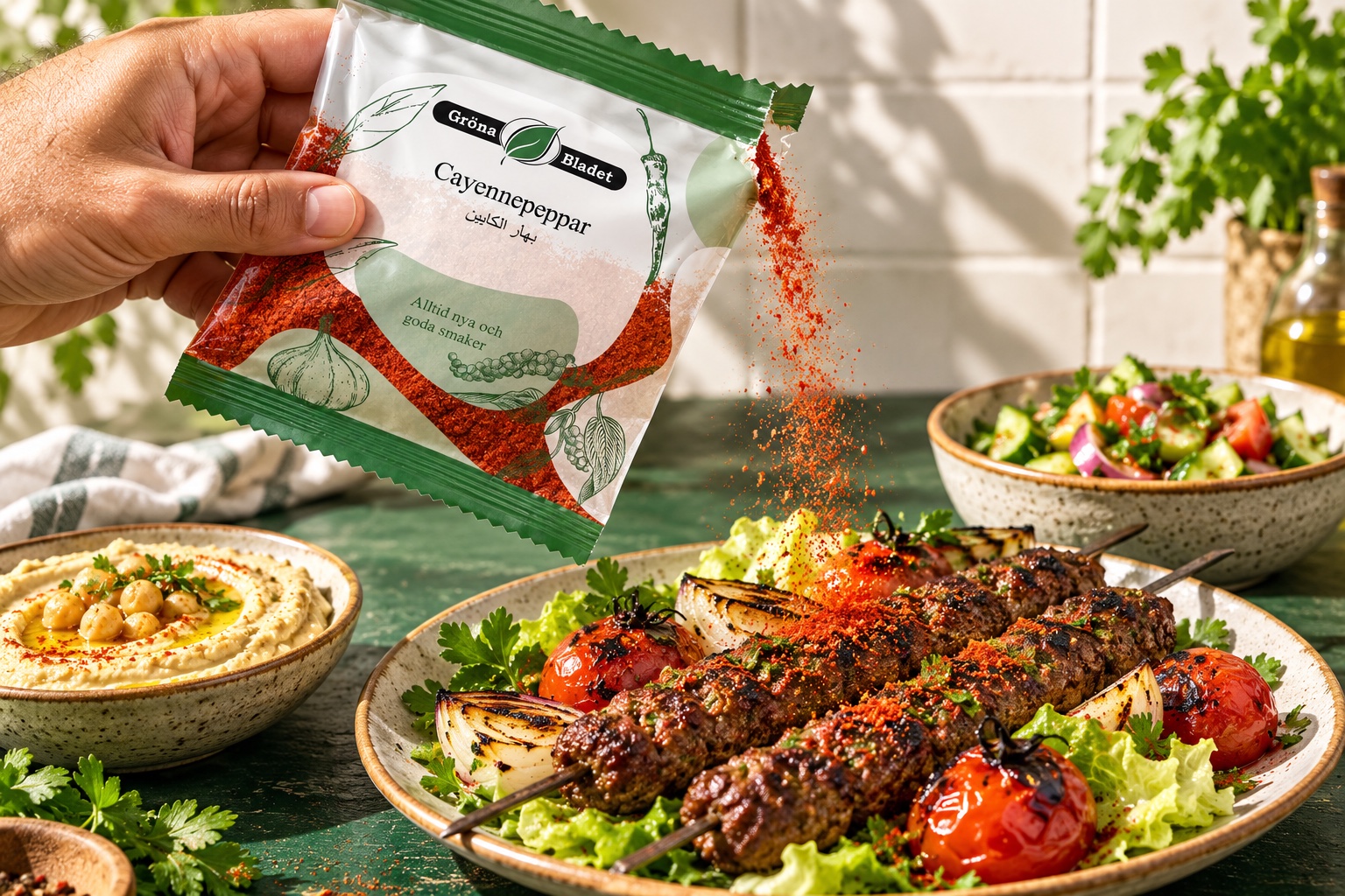 Cayennepeppar hälls från en kryddpåse från Gröna Bladet över grillad kofta (mockup)