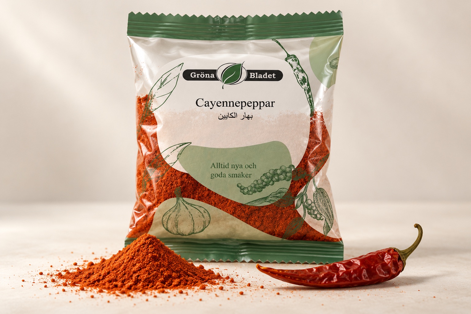 En påse cayennepeppar från Gröna Bladet i en studio med cayennepulver och en torkad chili (mockup)
