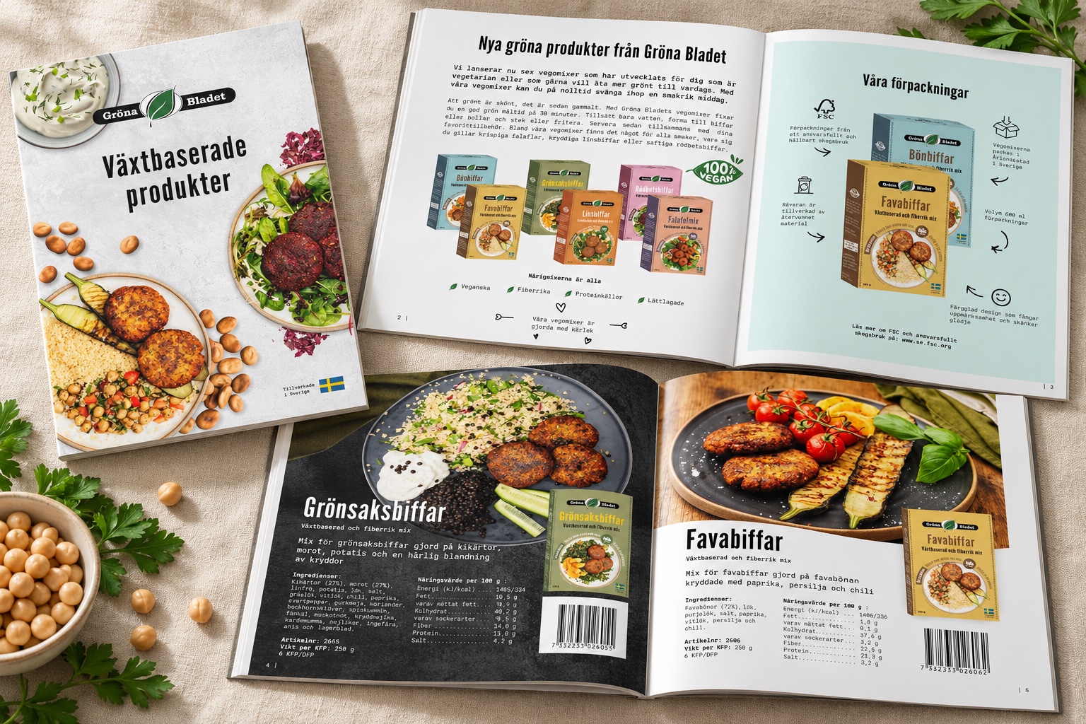 Den tryckta produktkatalogen för Vegomixer: omslag och två uppslag (mockup)