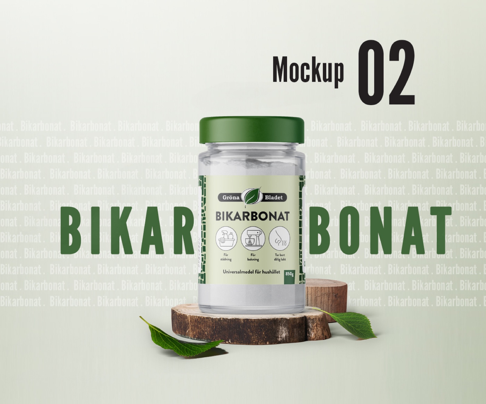 Burken med Gröna Bladet Bikarbonat på en träskiva med gröna blad (mockup)