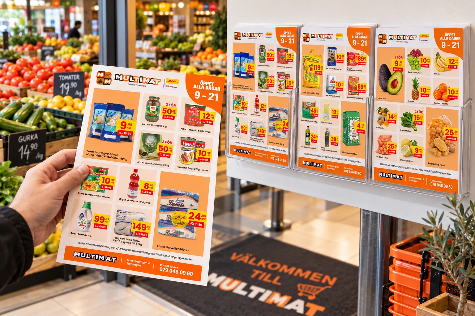 Multimats veckoblad i ett ställ vid butikens entré (mockup)