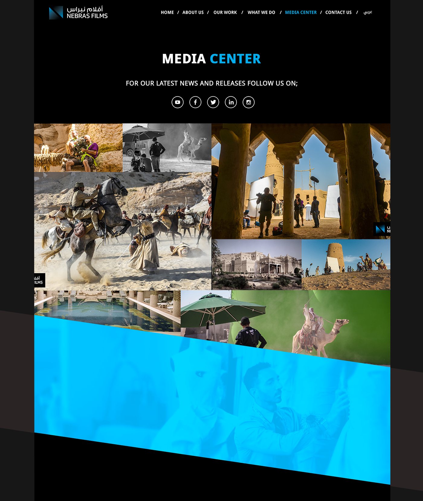 Sidan Media center på Nebras Films med en mosaik av bakom kulisserna-bilder