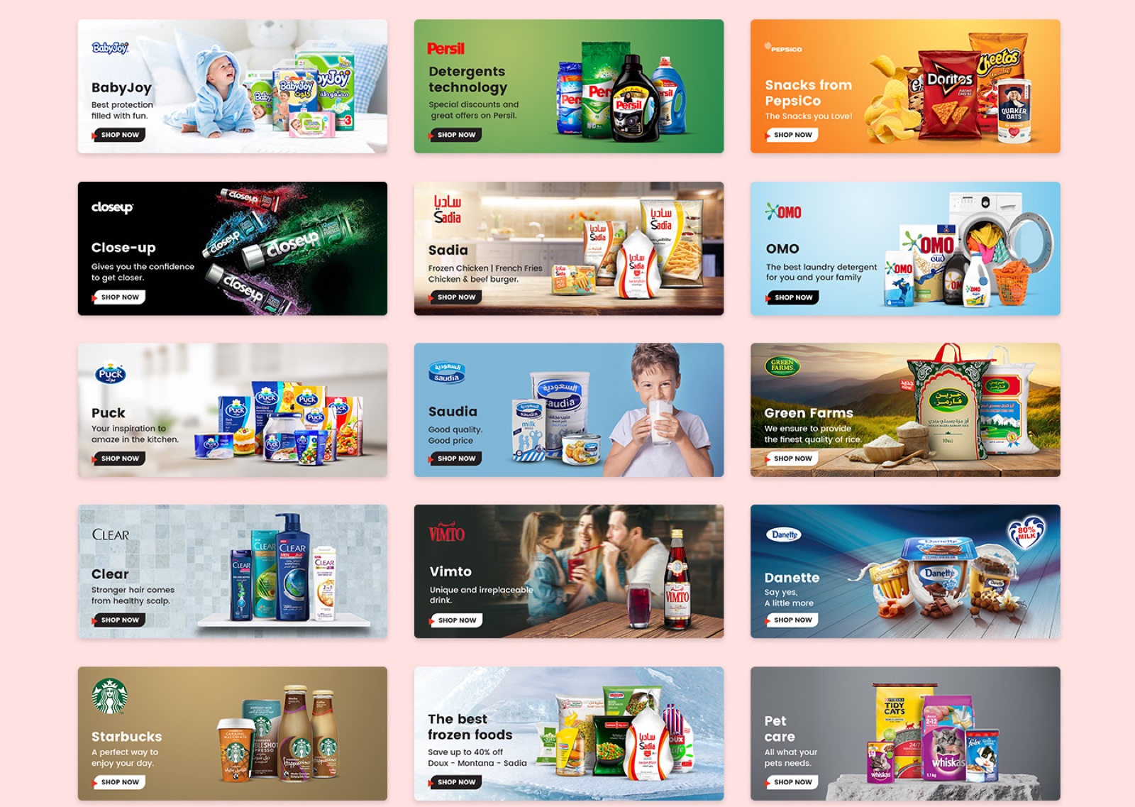 En samling in-app-banners från Speedi för livsmedelsvarumärken och kategorier